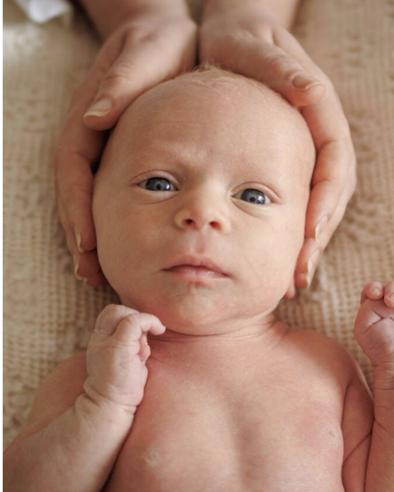 Newborn baby looking up, head cradled in a parent's hands