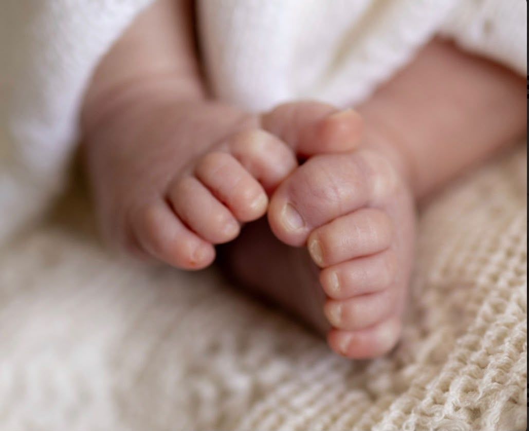 Close-up of newborn toes on a knitted blanket